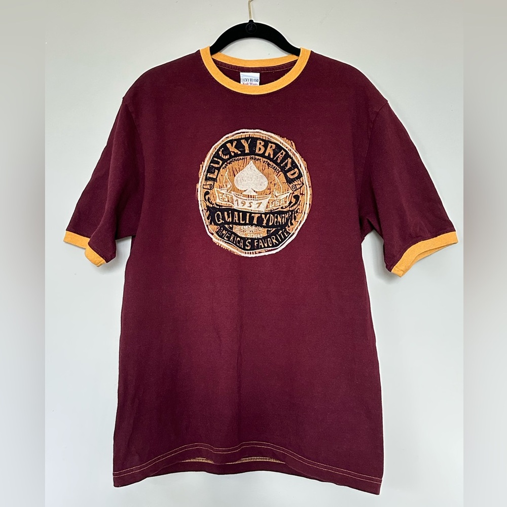 Vintage 1990’s Lucky Brand Burgundy Tee with Golden Yellow Accents